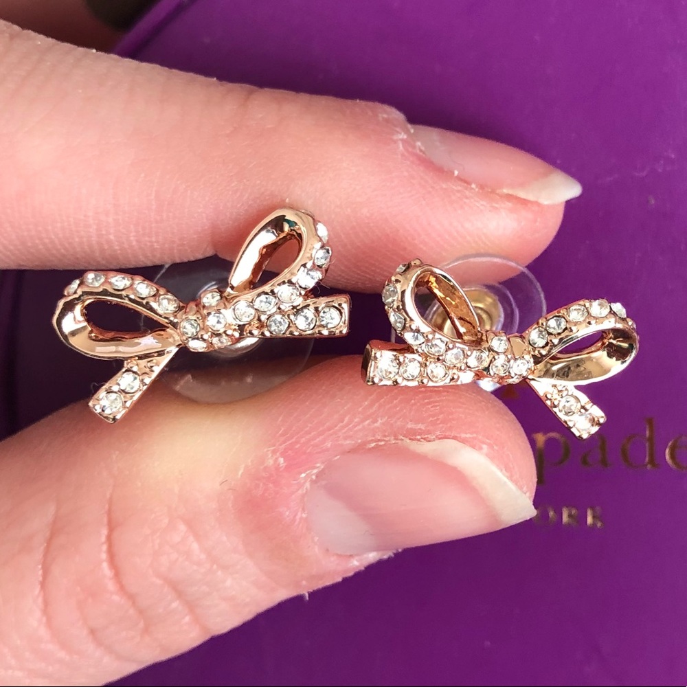 Kate Spade rose gold skinny mini pave bow earrings